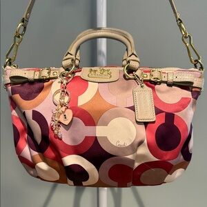 Coach Circle Pattern Shoulder Bag in Pink and Purple and heart key charm